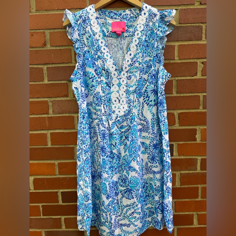 Lilly Pulitzer Joan Tunic Dress Turquoise White Shell Me You Love Me Beachy- L